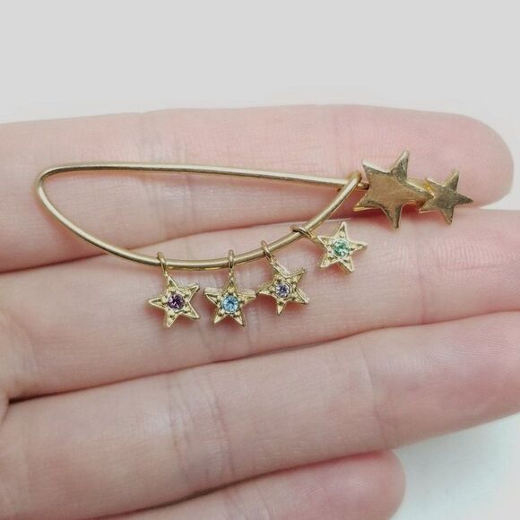 Vintage Rhinestone Shooting Star Brooch, Gold Tone Stick Pin, Pastel Colors - Picture 2 of 6